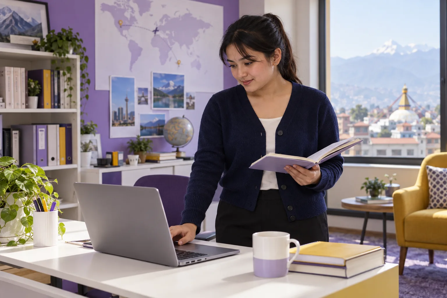Young Nepali woman with tied-back hair comparing Canadian university courses and intake options using a laptop and notebook for Canada study planning