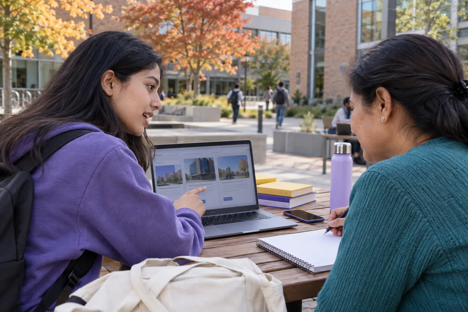 Nepali student discussing plans with a parent comparing Canadian university courses and intake options using a laptop and notebook for Canada study planning