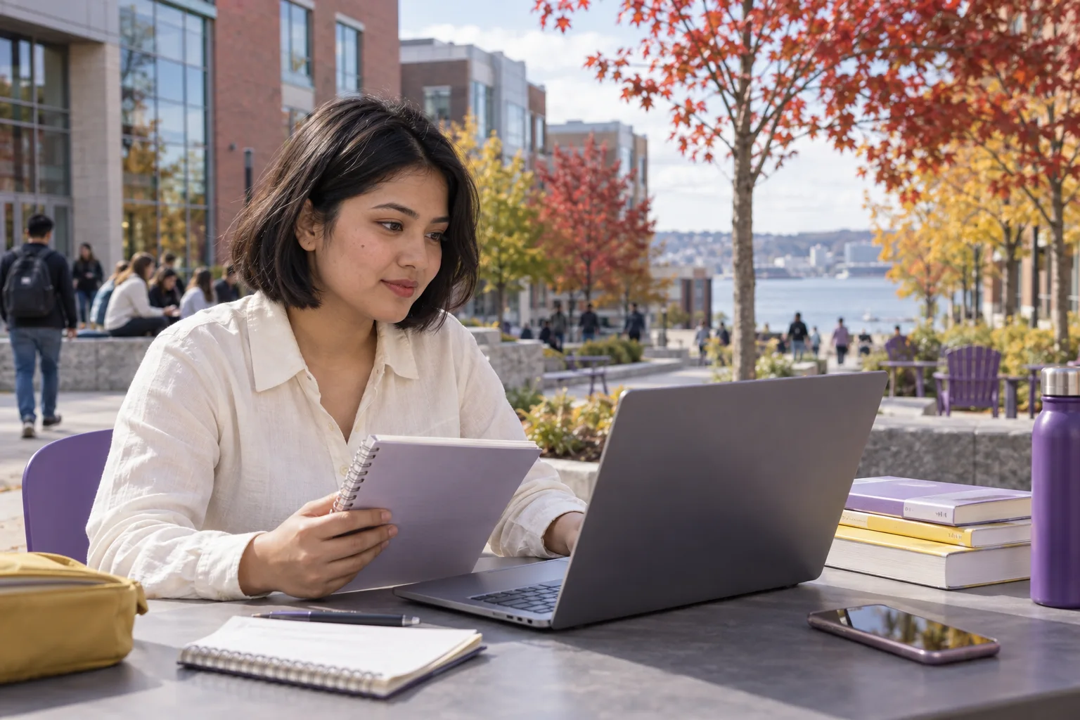 Young Nepali woman with a short bob comparing Canadian university courses and intake options using a laptop and notebook for Canada study planning