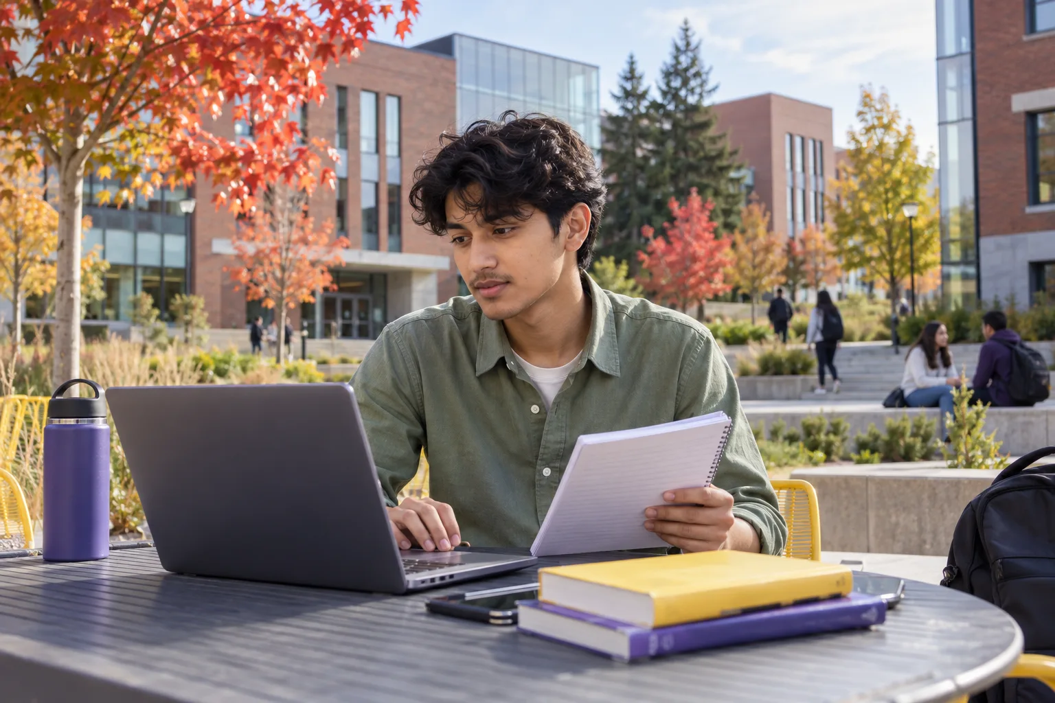 Young Nepali man with wavy hair comparing Canadian university courses and intake options using a laptop and notebook for Canada study planning