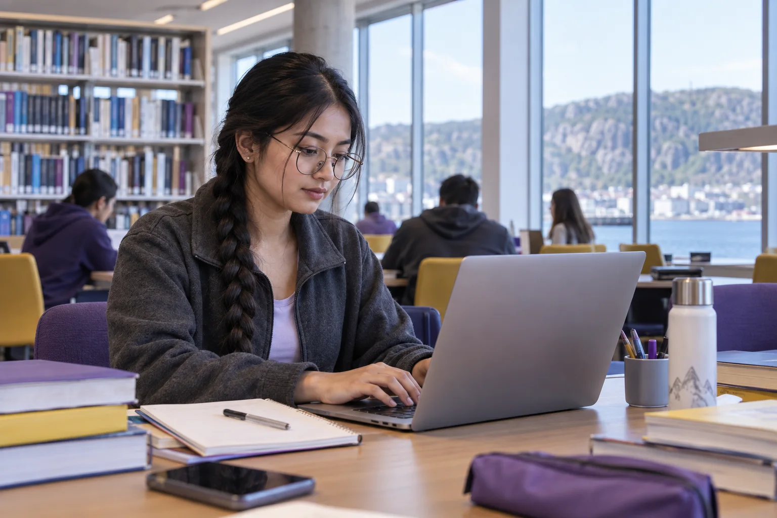 Young Nepali woman with a long braid comparing Canadian university courses and intake options using a laptop and notebook for Canada study planning