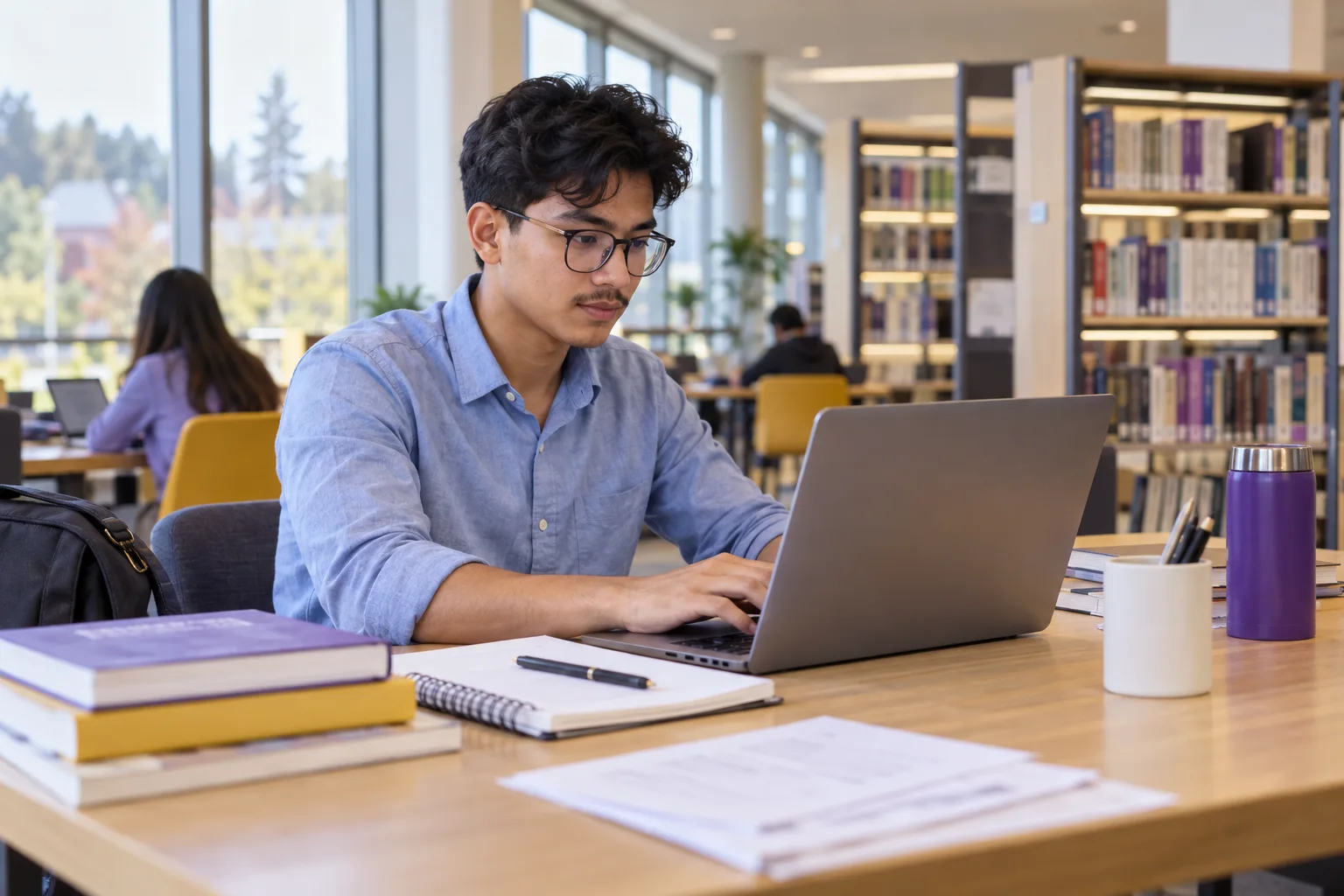 Young Nepali man with glasses comparing Canadian university courses and intake options using a laptop and notebook for Canada study planning