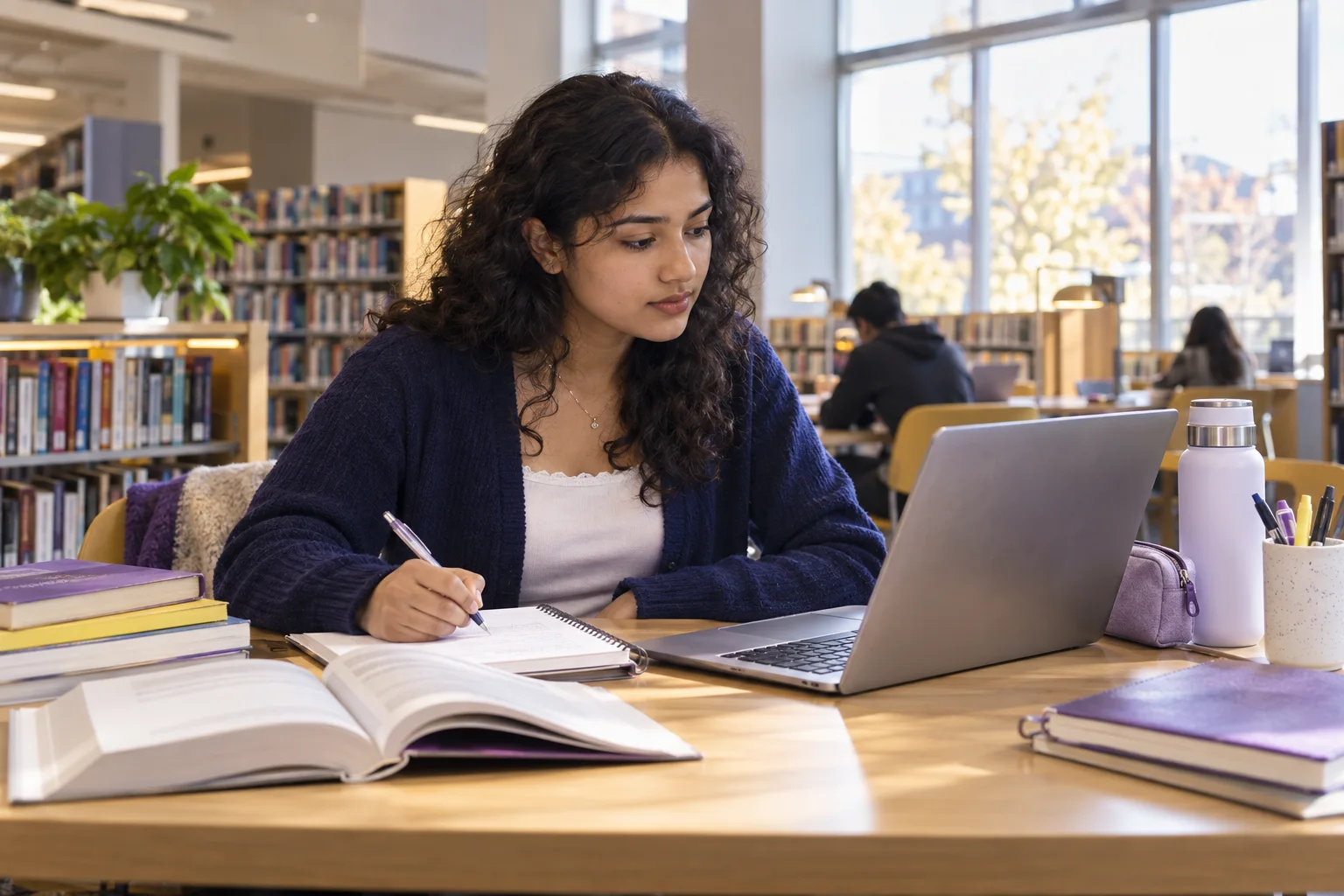 Young Nepali woman with curly hair comparing Canadian university courses and intake options using a laptop and notebook for Canada study planning