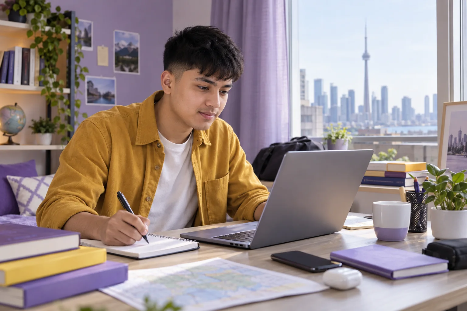 Young Nepali man with cropped hair comparing Canadian university courses and intake options using a laptop and notebook for Canada study planning