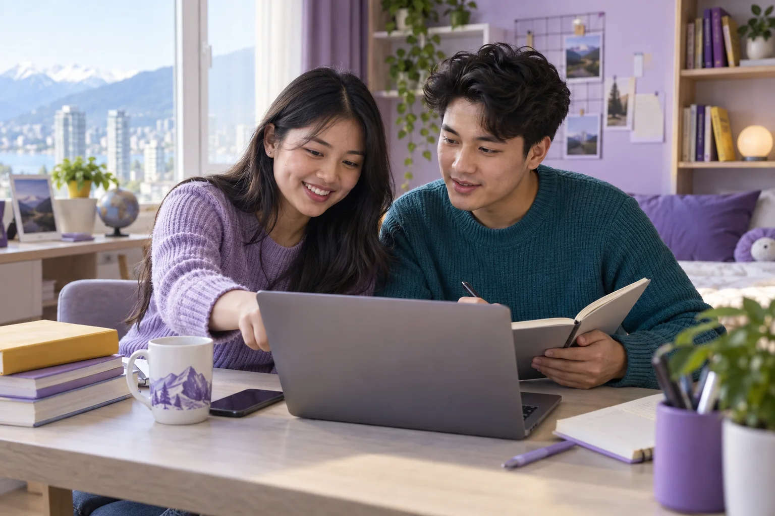 Two Nepali students, one woman and one man comparing Canadian university courses and intake options using a laptop and notebook for Canada study planning