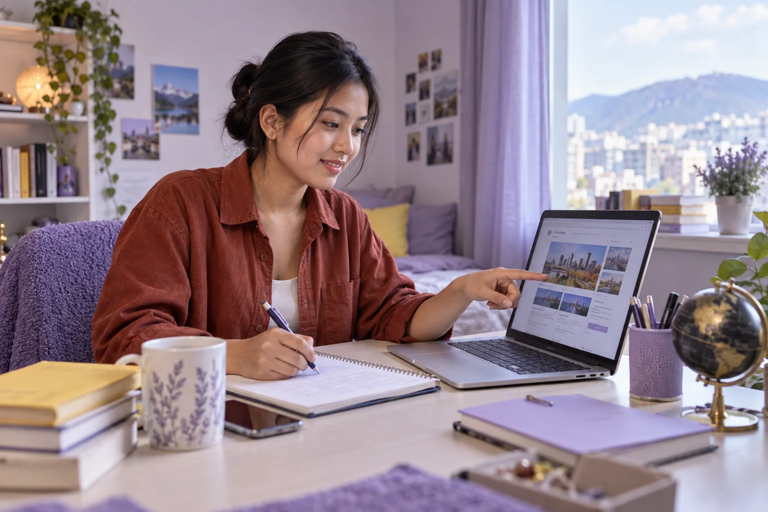 Young Nepali woman with tied-back hair comparing Canadian university courses and intake options using a laptop and notebook for Canada study planning