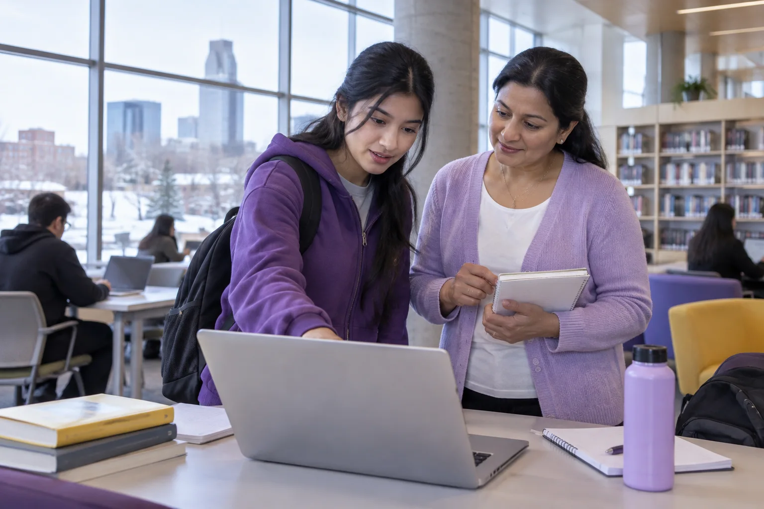 Nepali student discussing plans with a parent comparing Canadian university courses and intake options using a laptop and notebook for Canada study planning