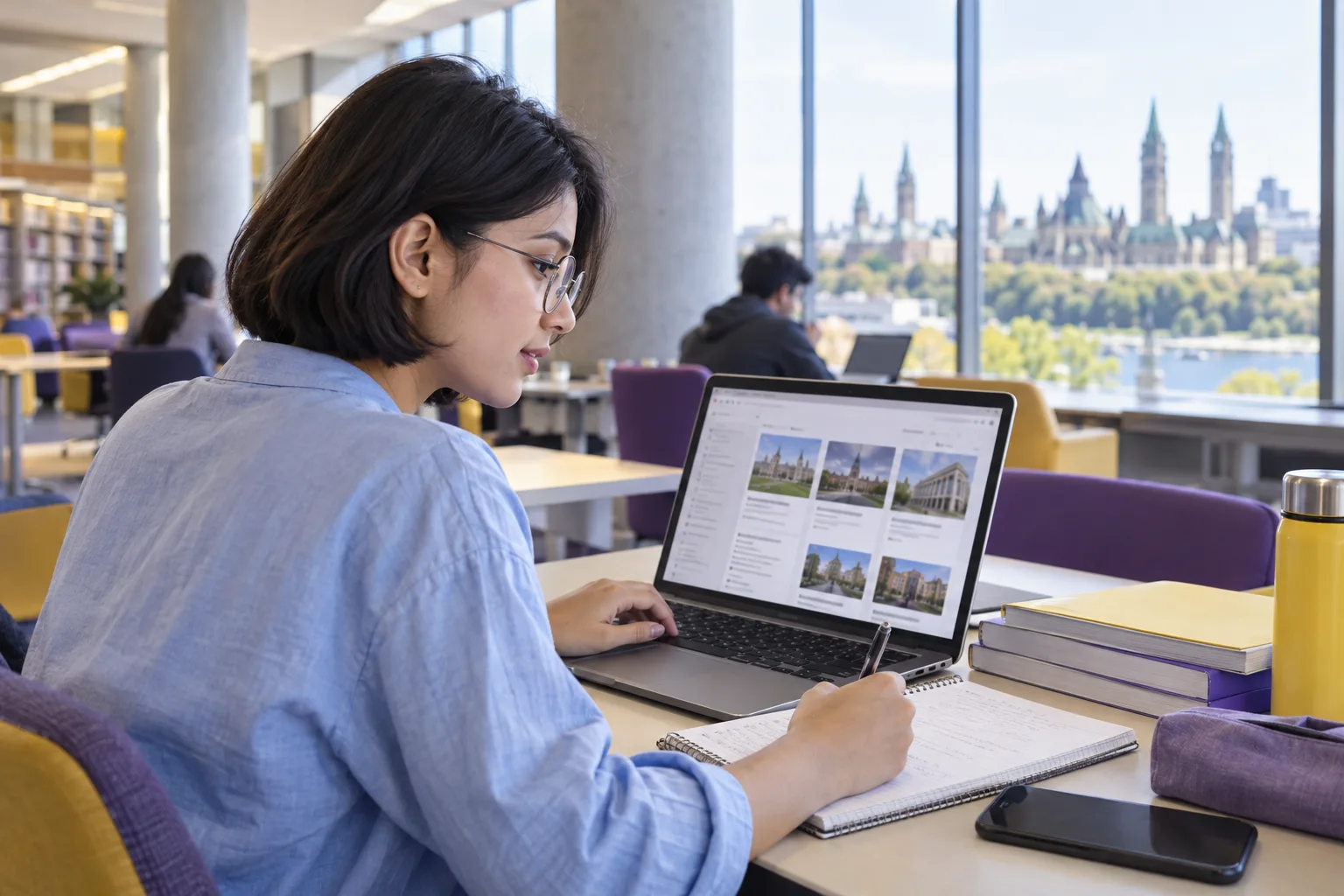 Young Nepali woman with a short bob comparing Canadian university courses and intake options using a laptop and notebook for Canada study planning