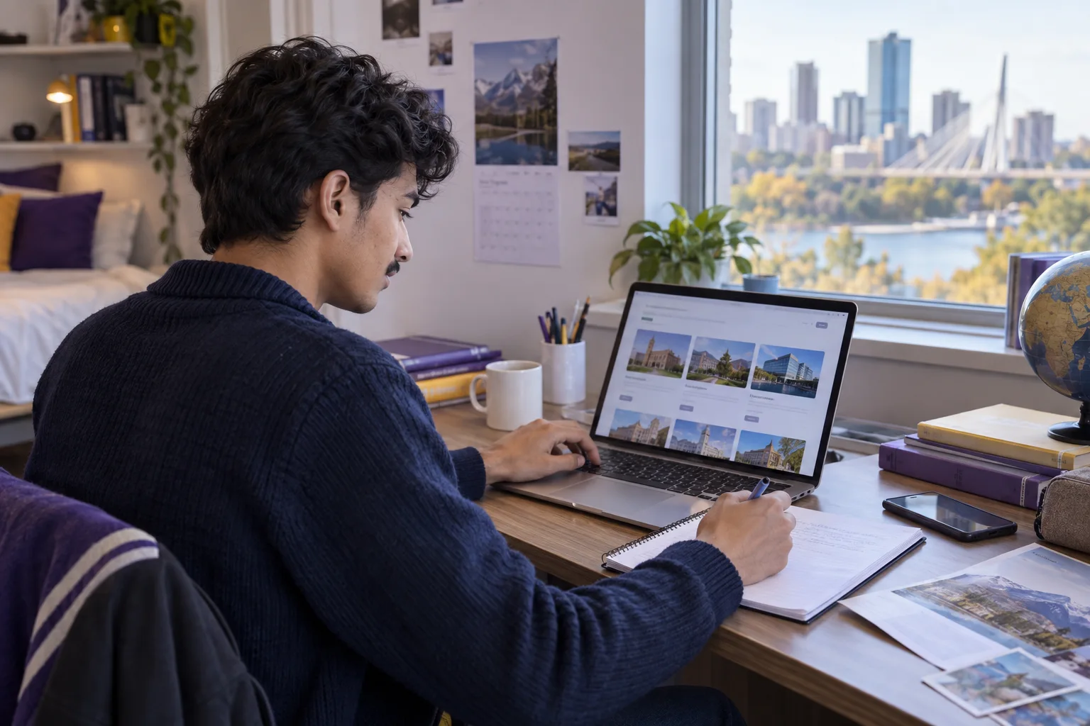 Young Nepali man with wavy hair comparing Canadian university courses and intake options using a laptop and notebook for Canada study planning