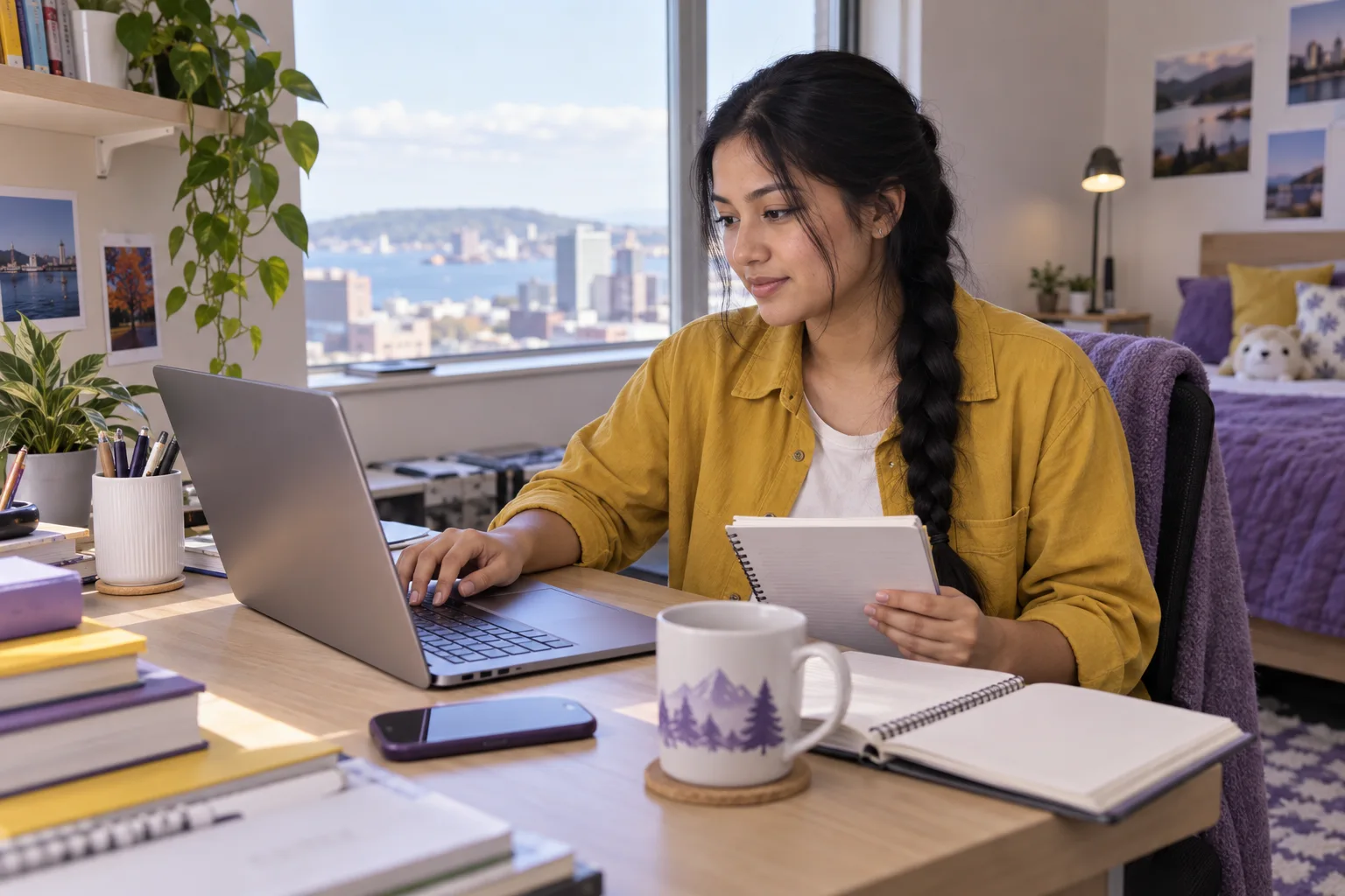 Young Nepali woman with a long braid comparing Canadian university courses and intake options using a laptop and notebook for Canada study planning