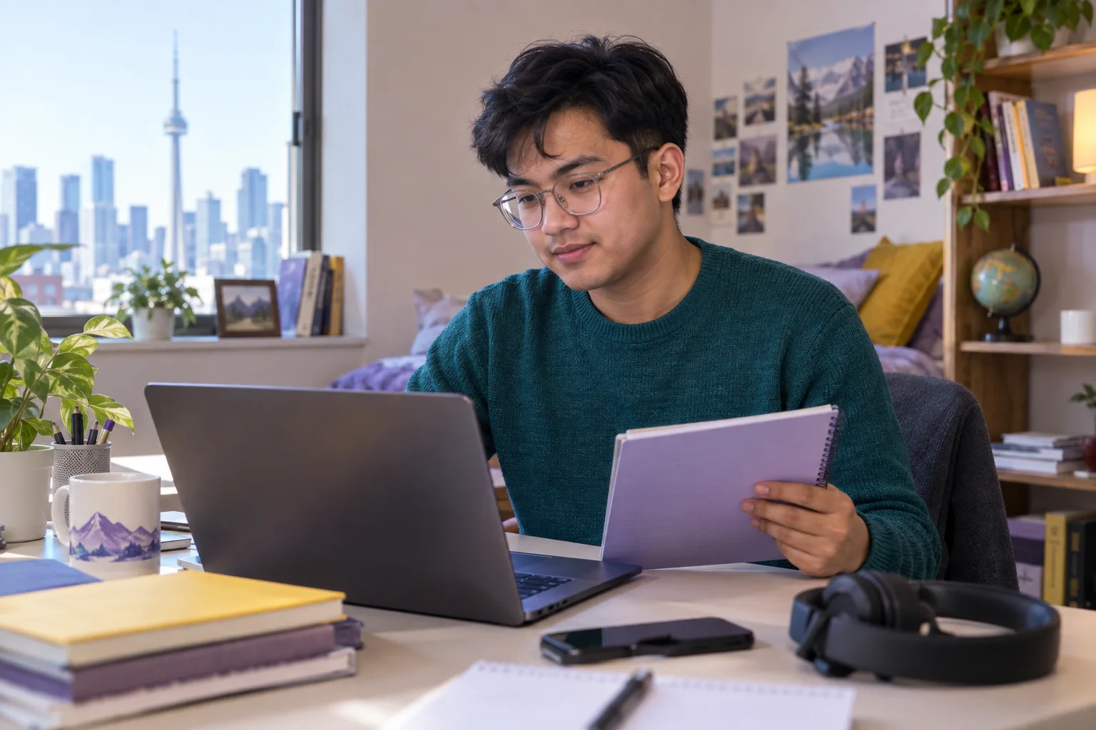 Young Nepali man with glasses comparing Canadian university courses and intake options using a laptop and notebook for Canada study planning