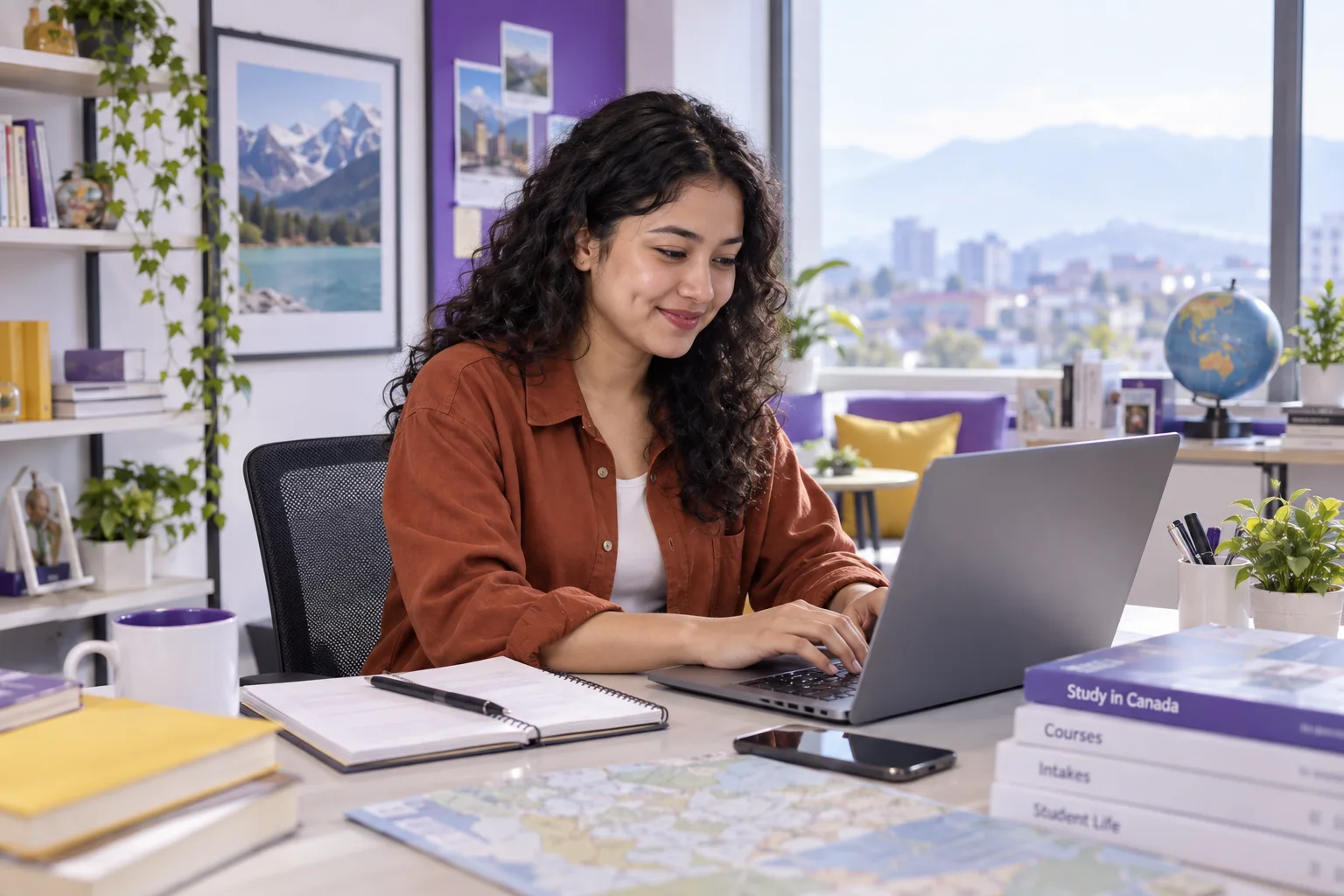 Young Nepali woman with curly hair comparing Canadian university courses and intake options using a laptop and notebook for Canada study planning