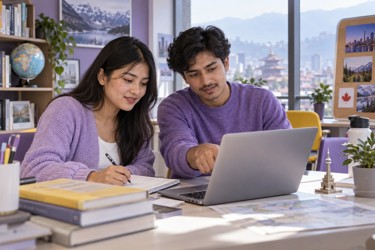 Two Nepali students, one woman and one man comparing Canadian university courses and intake options using a laptop and notebook for Canada study planning