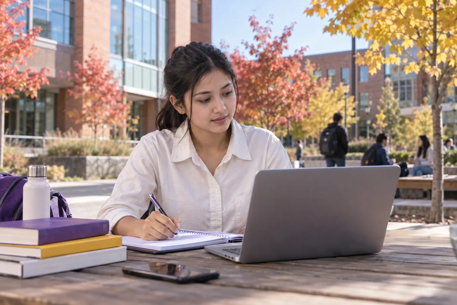 Young Nepali woman with tied-back hair comparing Canadian university courses and intake options using a laptop and notebook for Canada study planning
