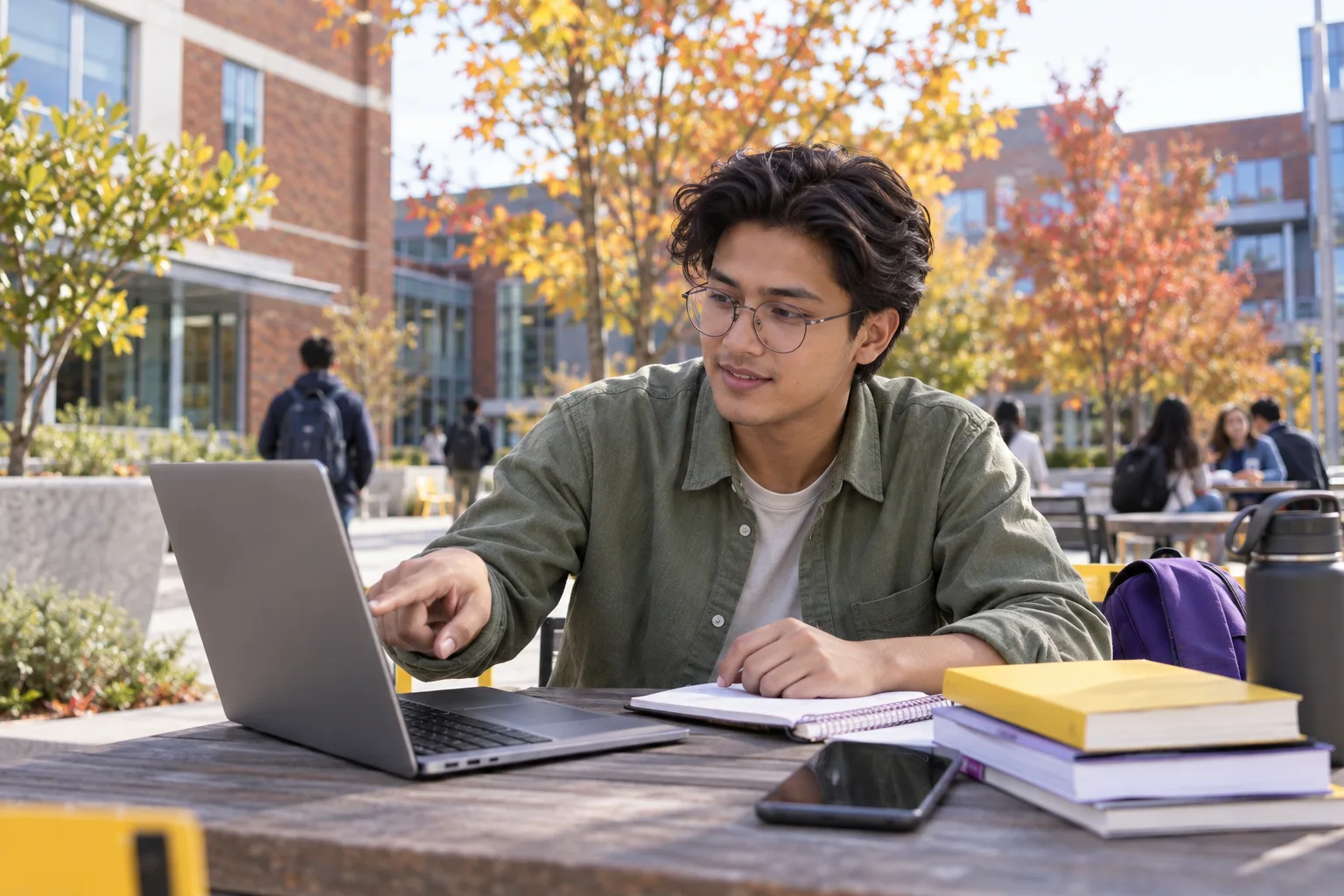 Young Nepali man with swept-back hair comparing Canadian university courses and intake options using a laptop and notebook for Canada study planning