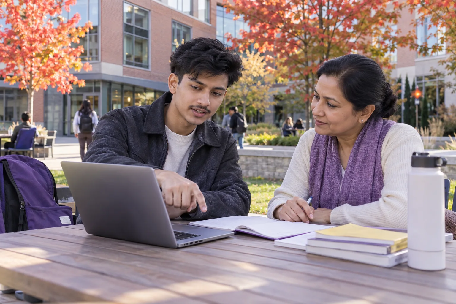 Nepali student discussing plans with a parent comparing Canadian university courses and intake options using a laptop and notebook for Canada study planning