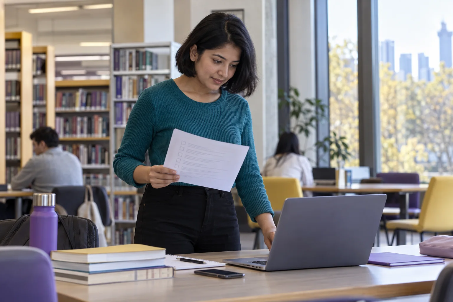Young Nepali woman with a short bob reviewing an unbranded study application document checklist with a laptop for Canada study planning