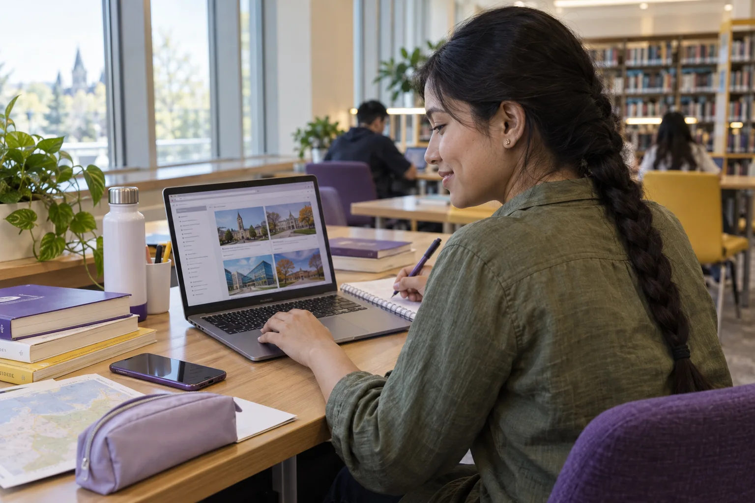 Young Nepali woman with a long braid comparing Canadian university courses and intake options using a laptop and notebook for Canada study planning
