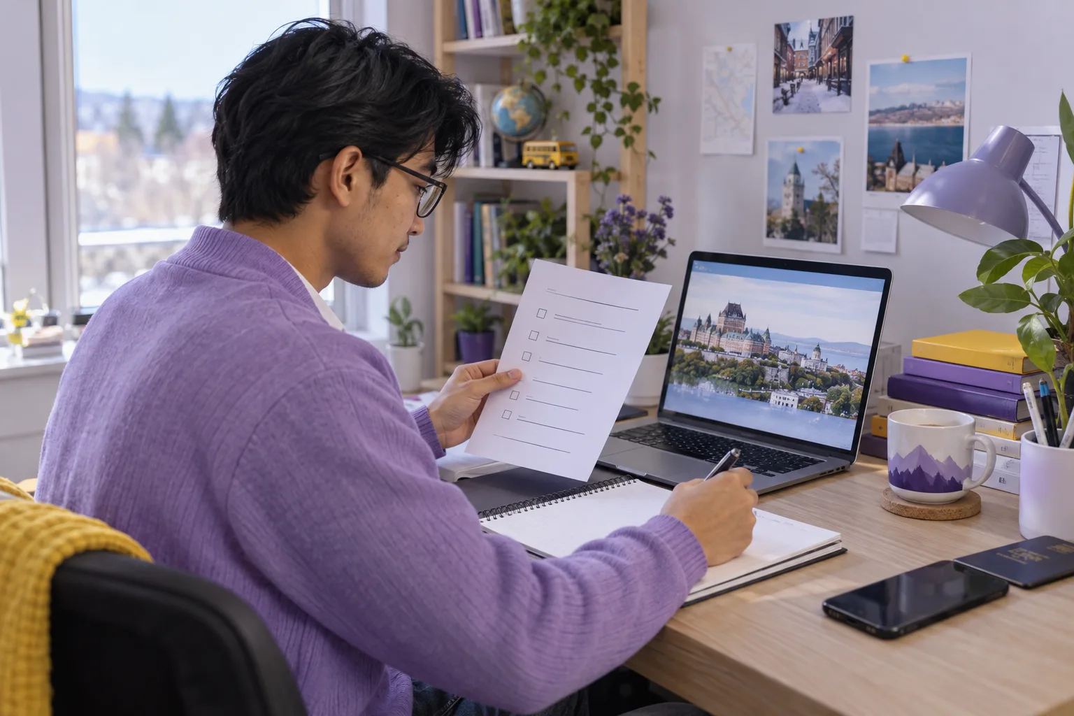 Young Nepali man with glasses reviewing an unbranded study application document checklist with a laptop for Canada study planning