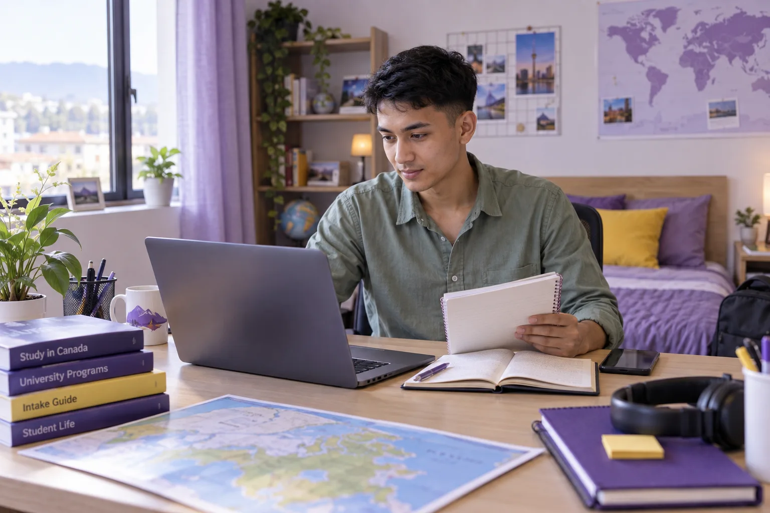 Young Nepali man with cropped hair comparing Canadian university courses and intake options using a laptop and notebook for Canada study planning