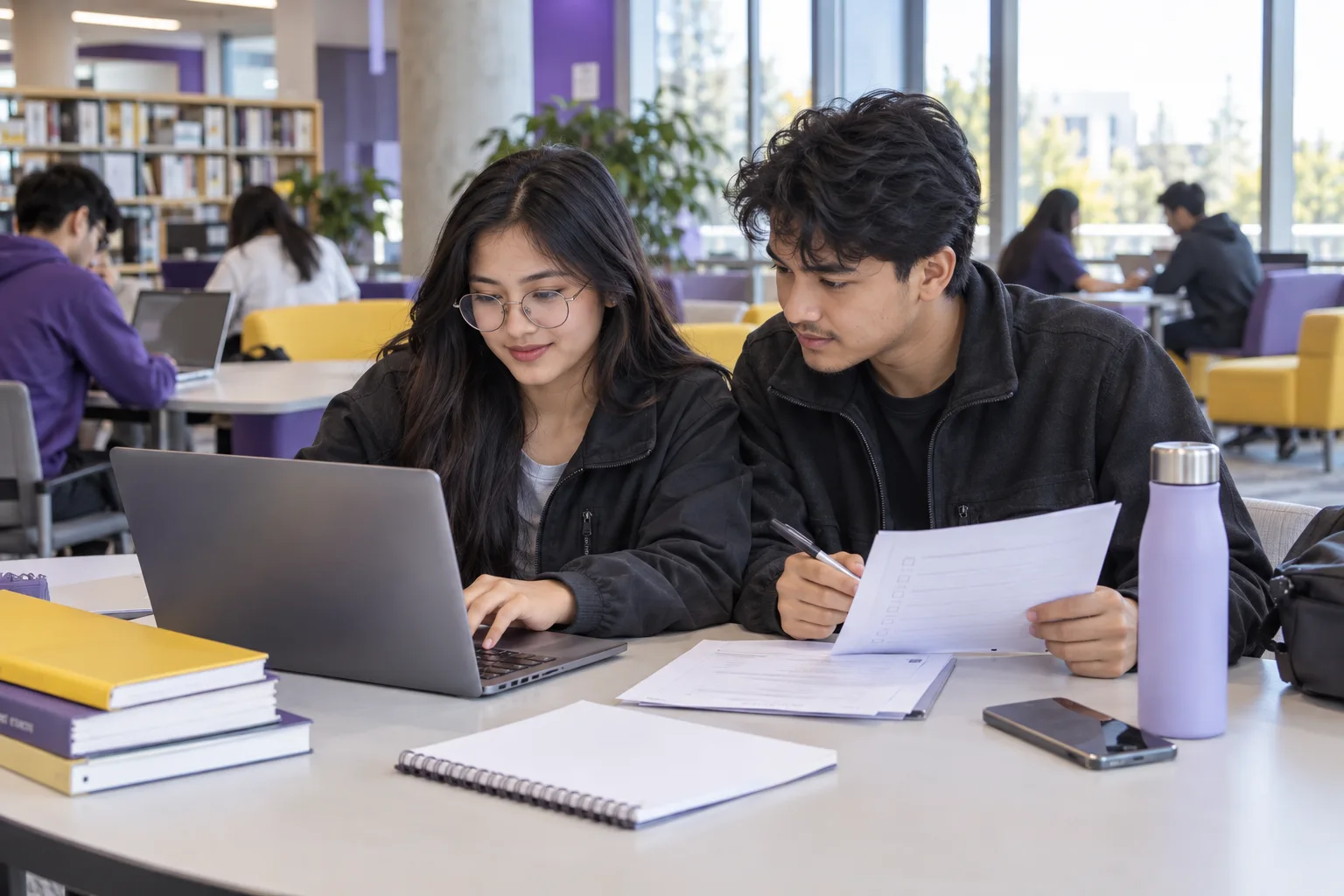 Two Nepali students, one woman and one man reviewing an unbranded study application document checklist with a laptop for Canada study planning