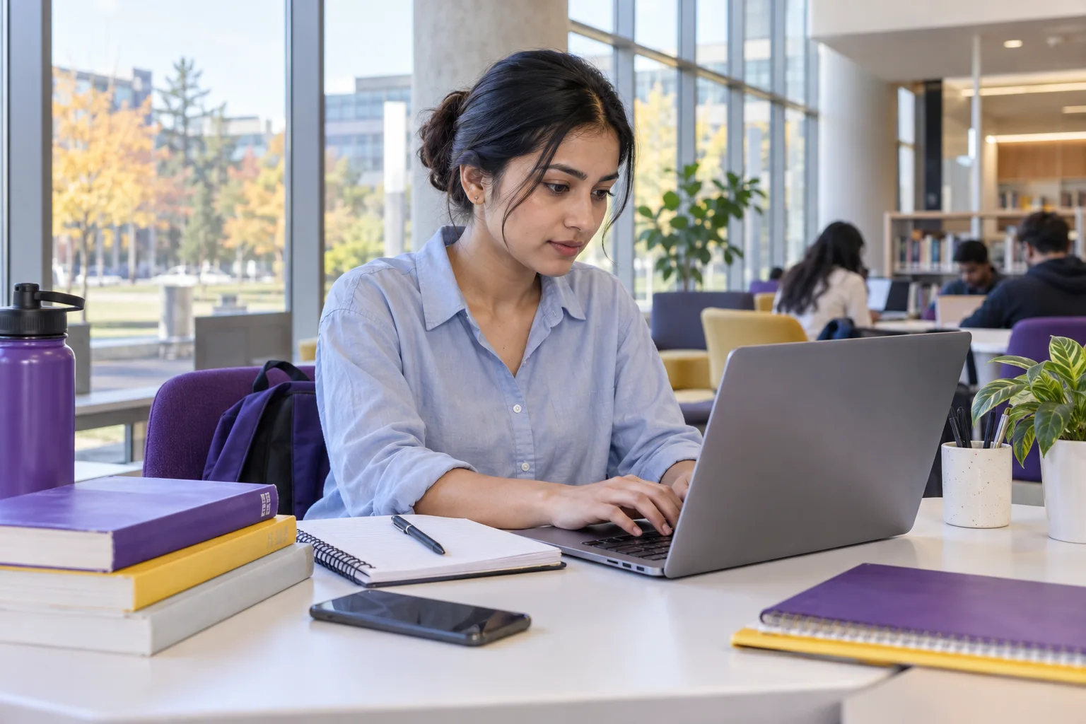 Young Nepali woman with tied-back hair comparing Canadian university courses and intake options using a laptop and notebook for Canada study planning