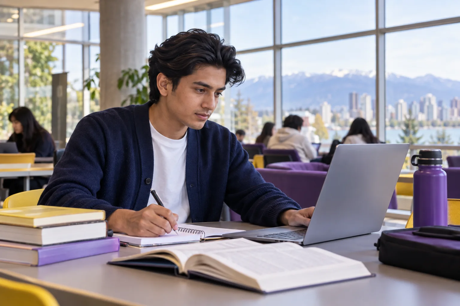 Young Nepali man with swept-back hair comparing Canadian university courses and intake options using a laptop and notebook for Canada study planning