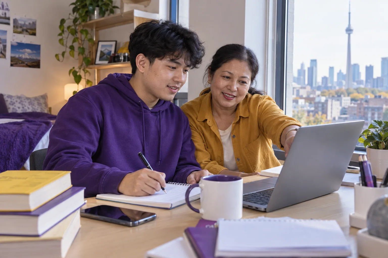 Nepali student discussing plans with a parent comparing Canadian university courses and intake options using a laptop and notebook for Canada study planning