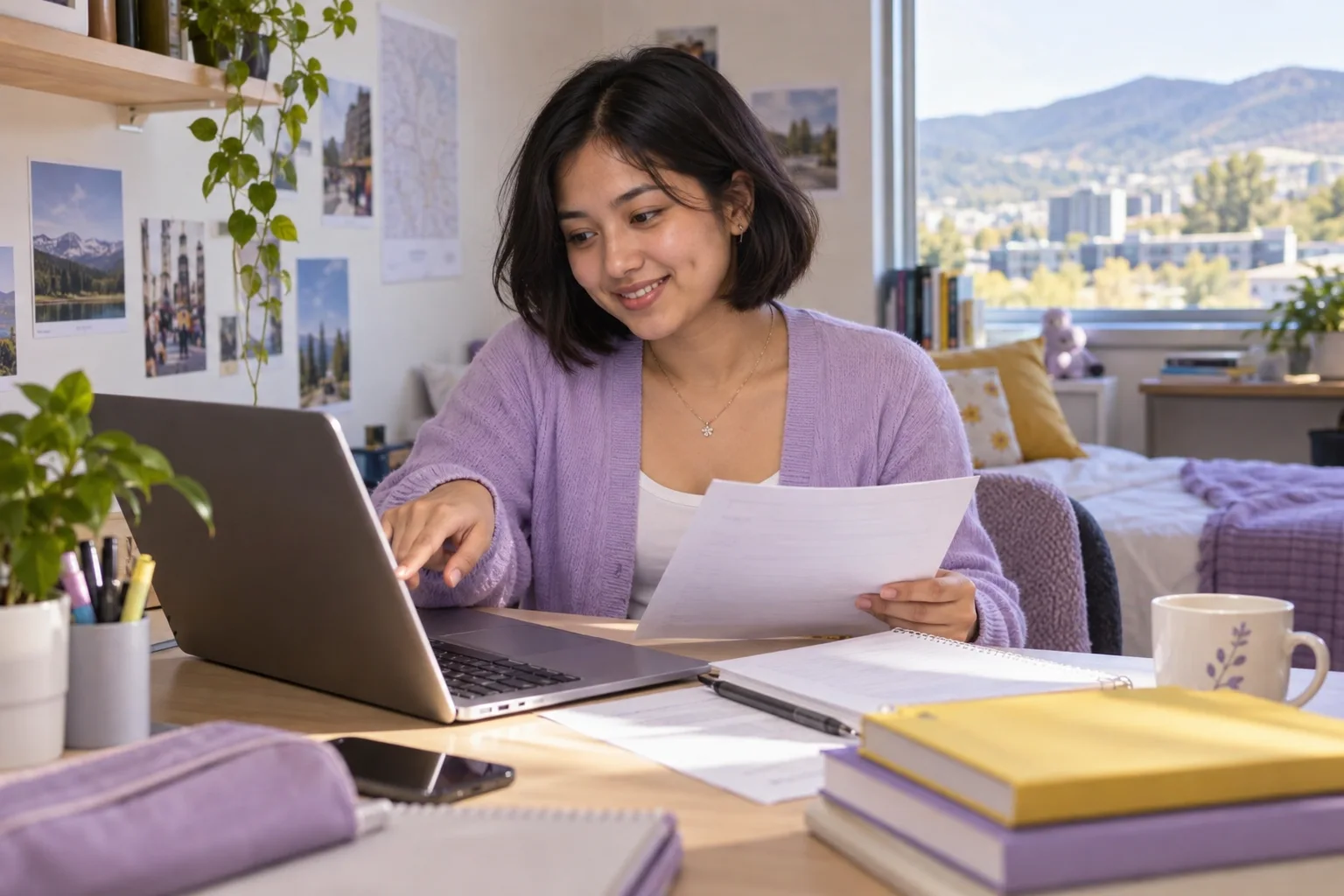 Young Nepali woman with a short bob comparing a personal study budget worksheet and university tuition information on a laptop for Canada study planning