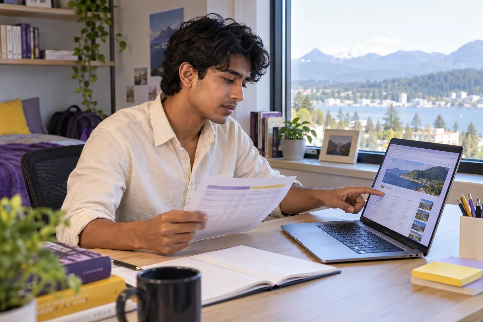 Young Nepali man with wavy hair comparing a personal study budget worksheet and university tuition information on a laptop for Canada study planning