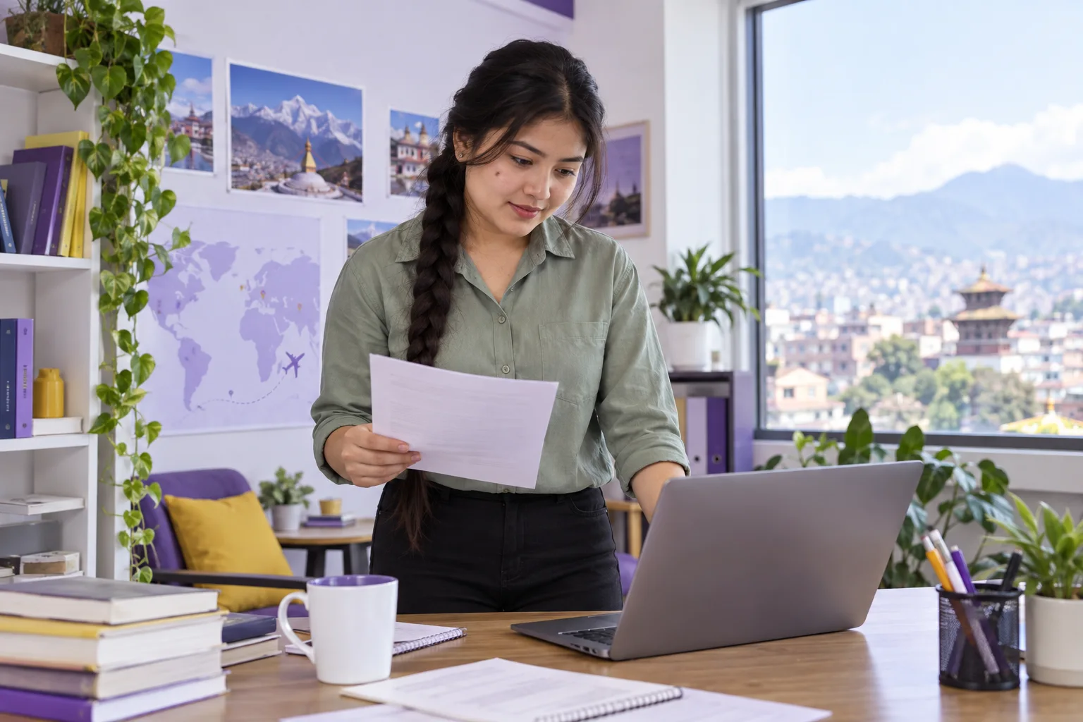 Young Nepali woman with a long braid comparing a personal study budget worksheet and university tuition information on a laptop for Canada study planning