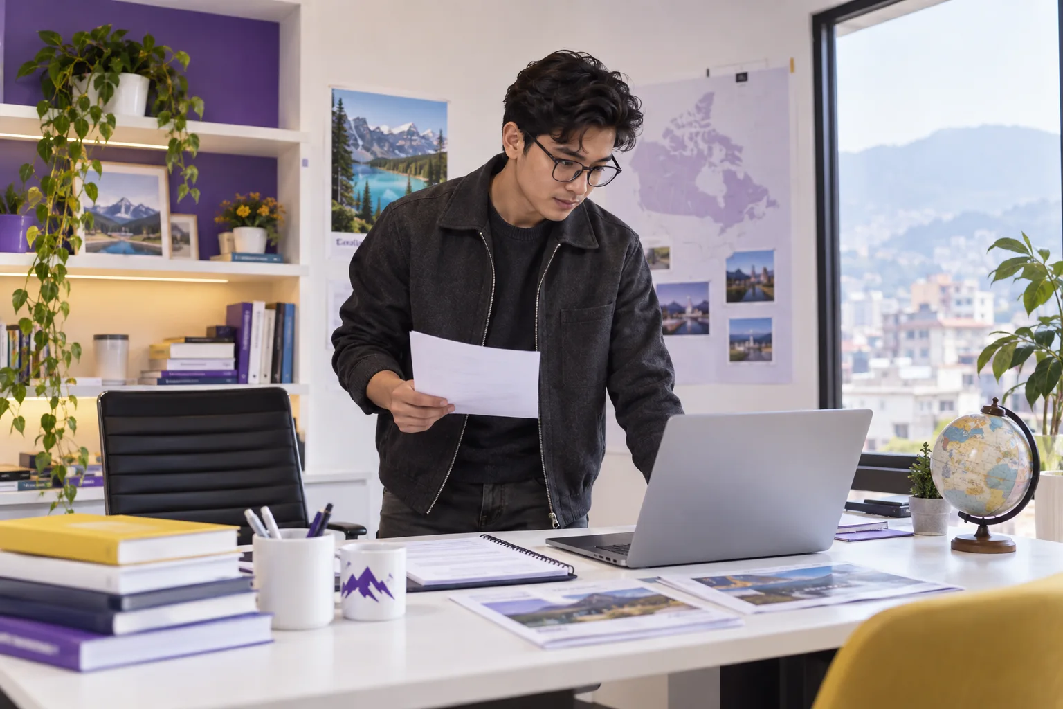 Young Nepali man with glasses comparing a personal study budget worksheet and university tuition information on a laptop for Canada study planning