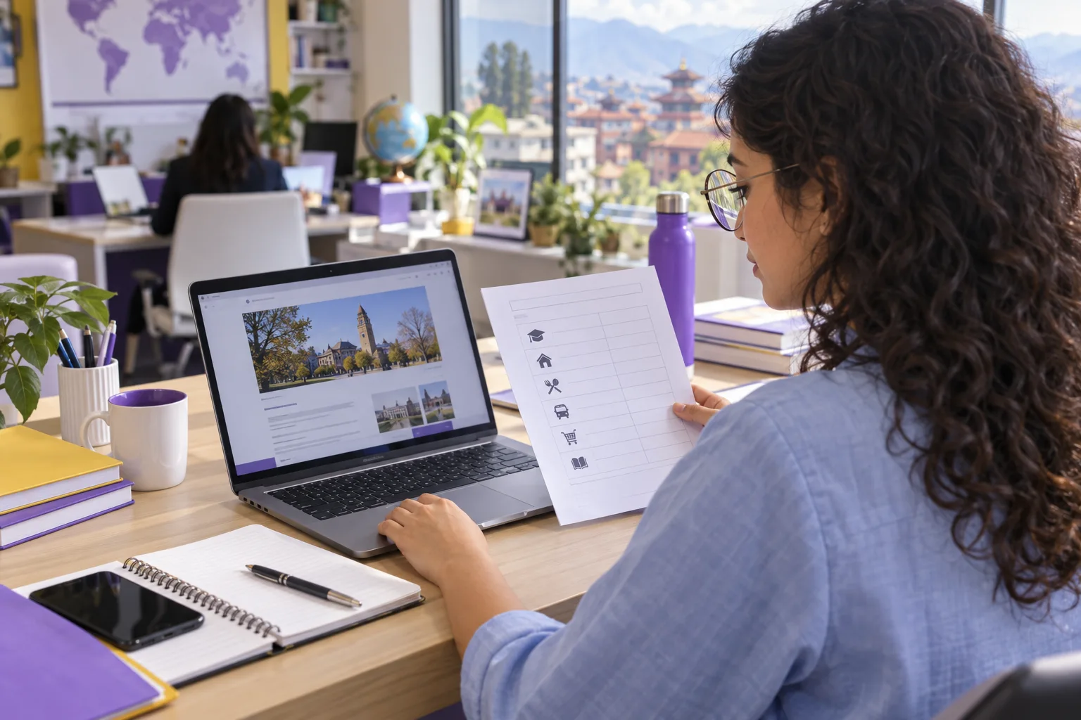 Young Nepali woman with curly hair comparing a personal study budget worksheet and university tuition information on a laptop for Canada study planning