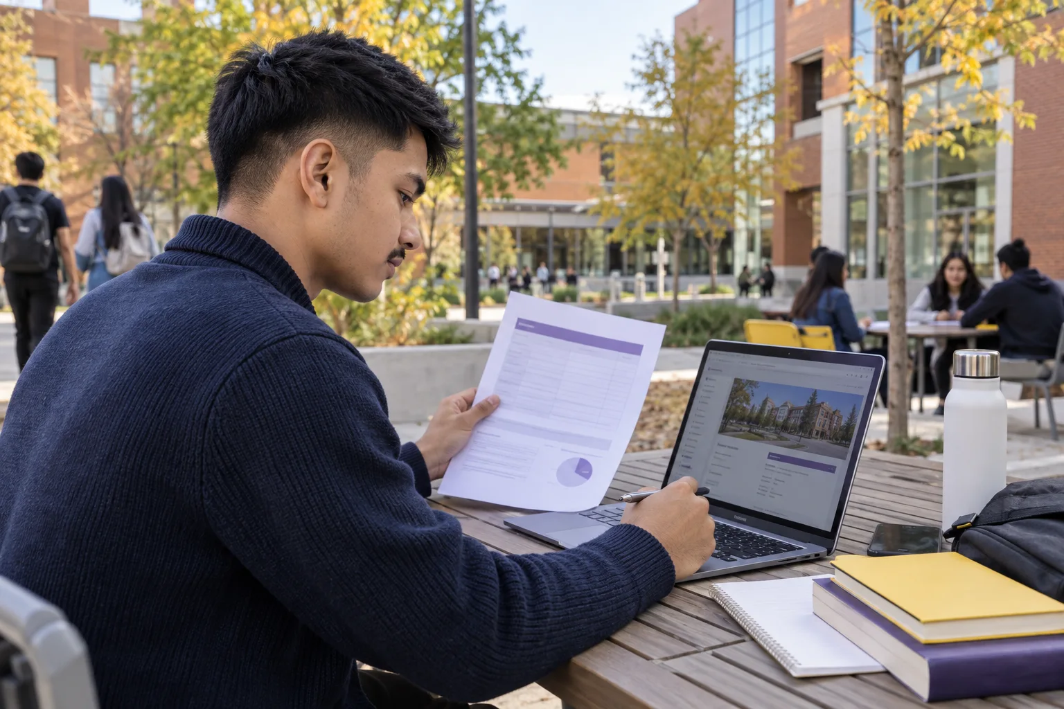 Young Nepali man with cropped hair comparing a personal study budget worksheet and university tuition information on a laptop for Canada study planning