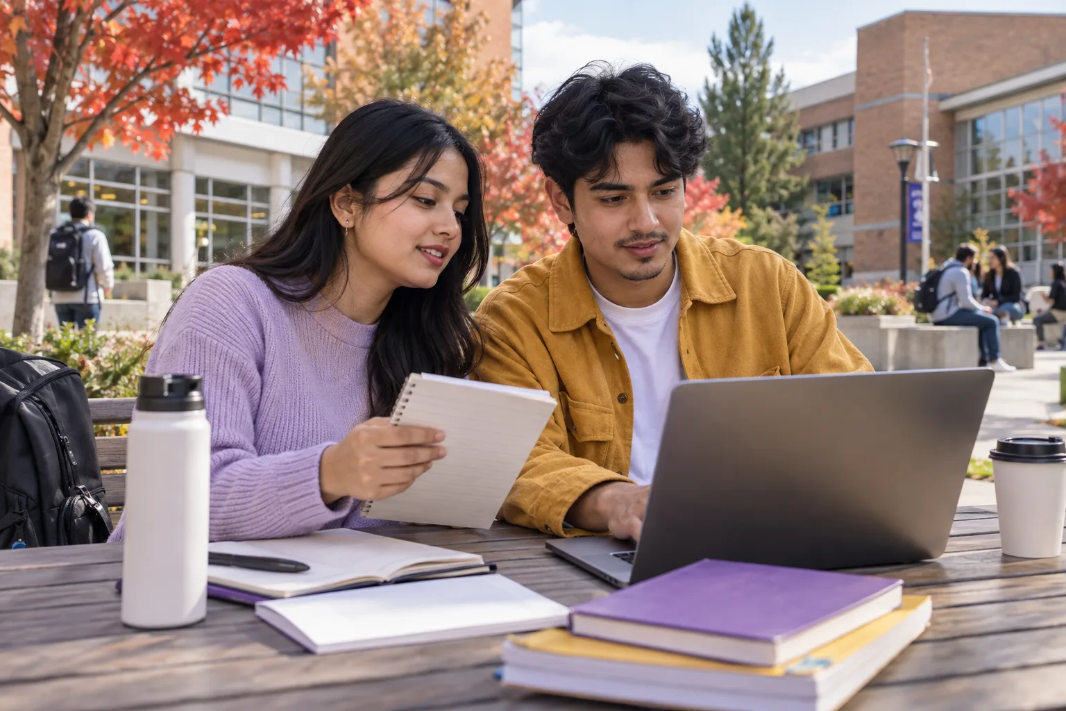 Two Nepali students, one woman and one man comparing a personal study budget worksheet and university tuition information on a laptop for Canada study planning