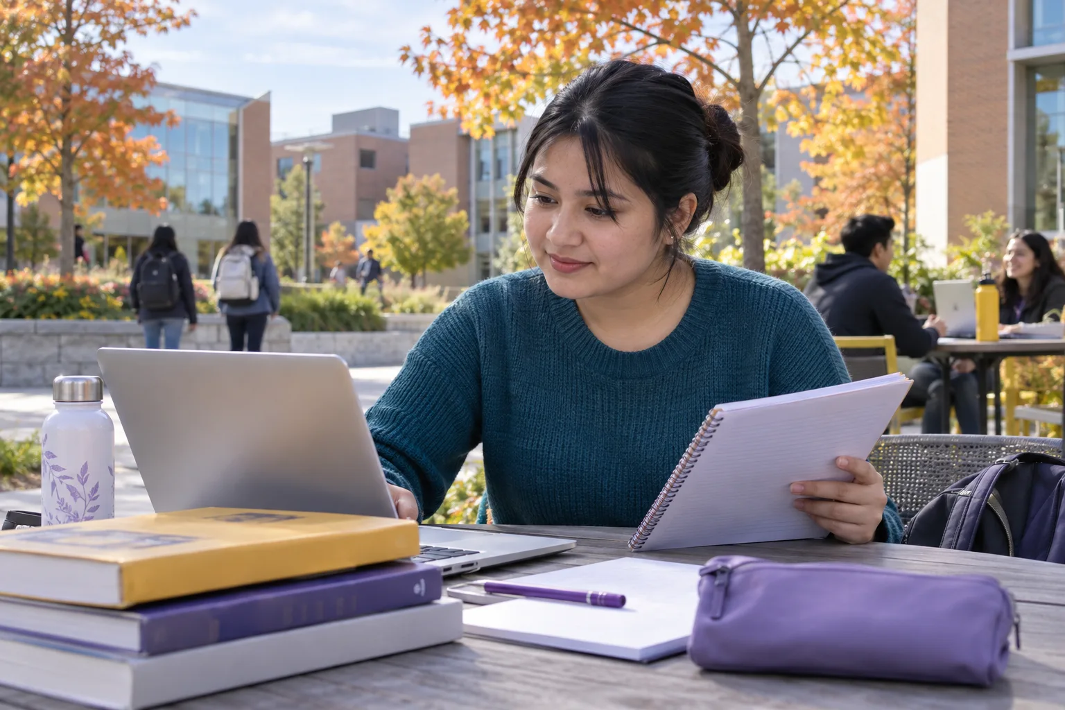 Young Nepali woman with tied-back hair comparing a personal study budget worksheet and university tuition information on a laptop for Canada study planning