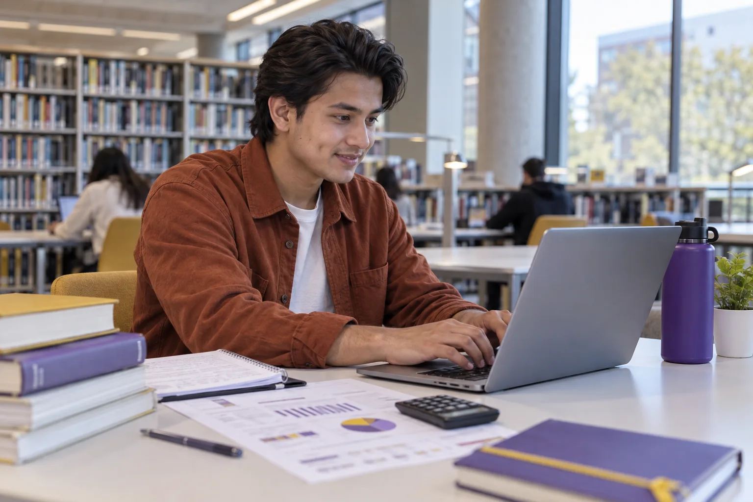 Young Nepali man with swept-back hair comparing a personal study budget worksheet and university tuition information on a laptop for Canada study planning
