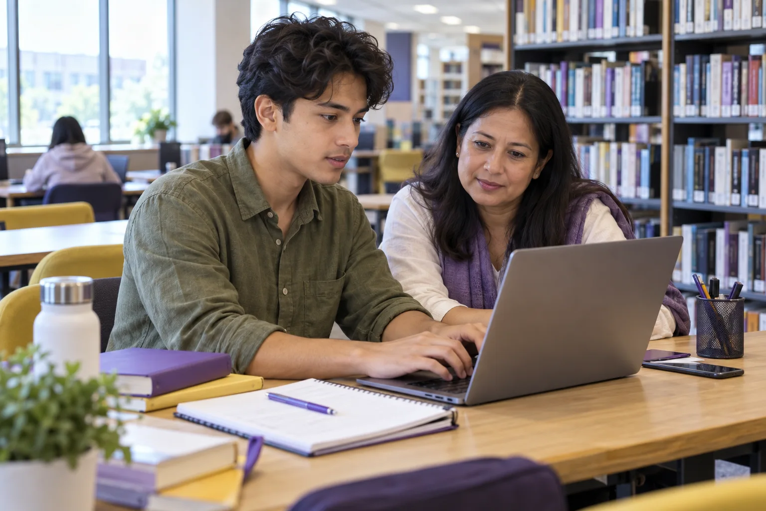 Nepali student discussing plans with a parent comparing a personal study budget worksheet and university tuition information on a laptop for Canada study planning