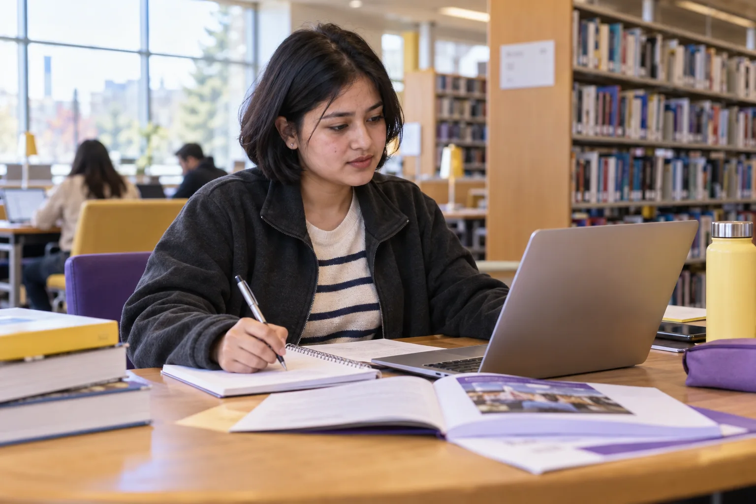 Young Nepali woman with a short bob comparing a personal study budget worksheet and university tuition information on a laptop for Canada study planning