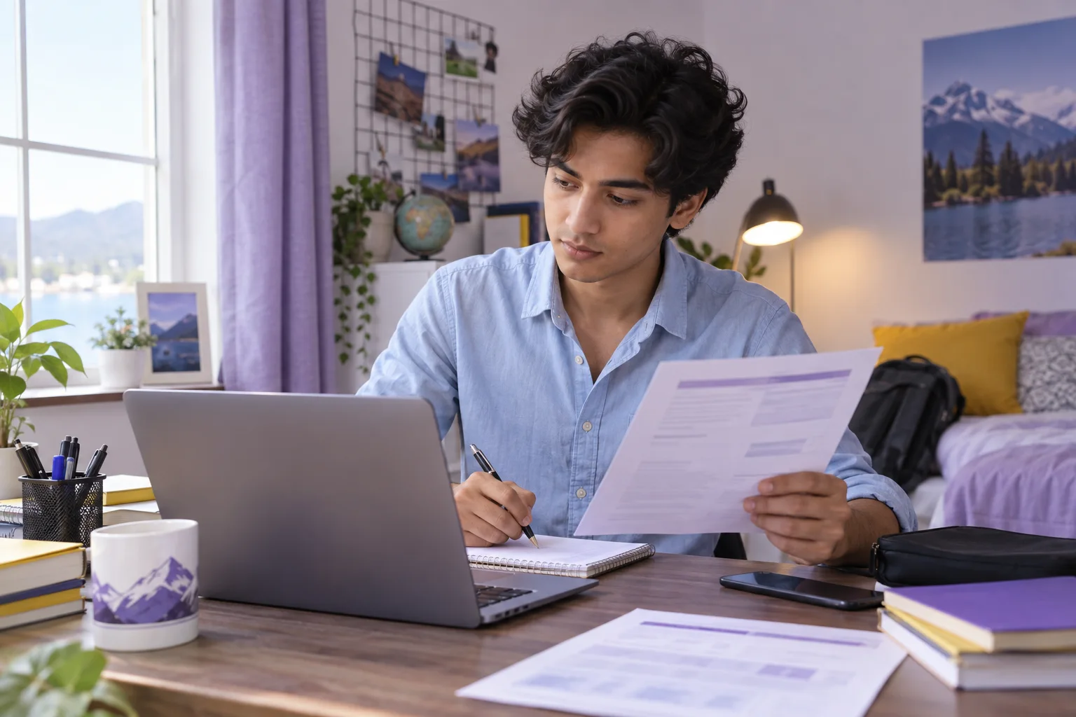 Young Nepali man with wavy hair comparing a personal study budget worksheet and university tuition information on a laptop for Canada study planning