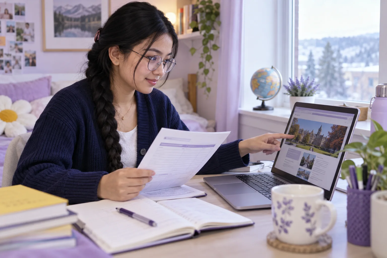 Young Nepali woman with a long braid comparing a personal study budget worksheet and university tuition information on a laptop for Canada study planning