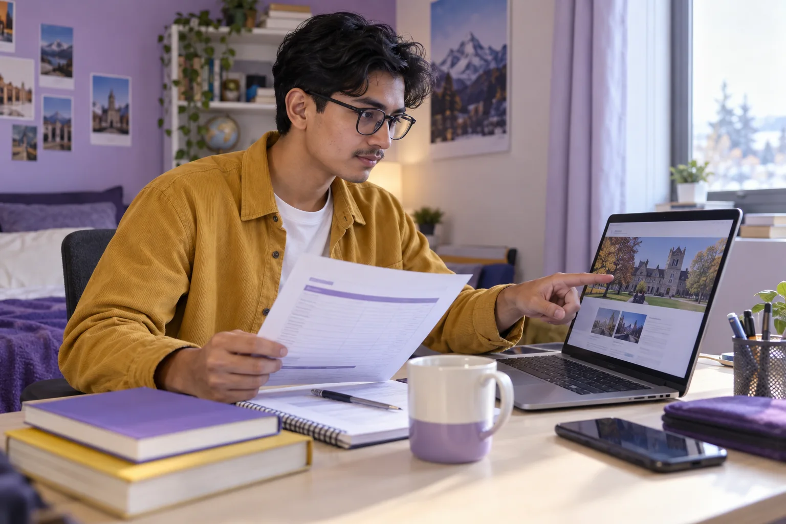 Young Nepali man with glasses comparing a personal study budget worksheet and university tuition information on a laptop for Canada study planning