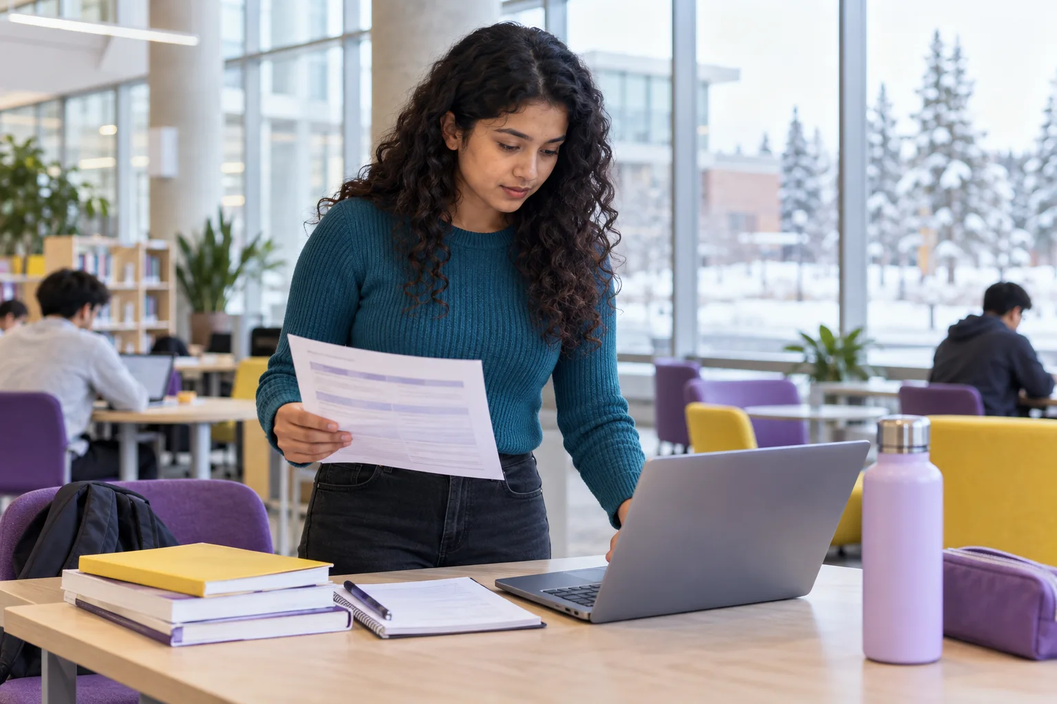 Young Nepali woman with curly hair comparing a personal study budget worksheet and university tuition information on a laptop for Canada study planning