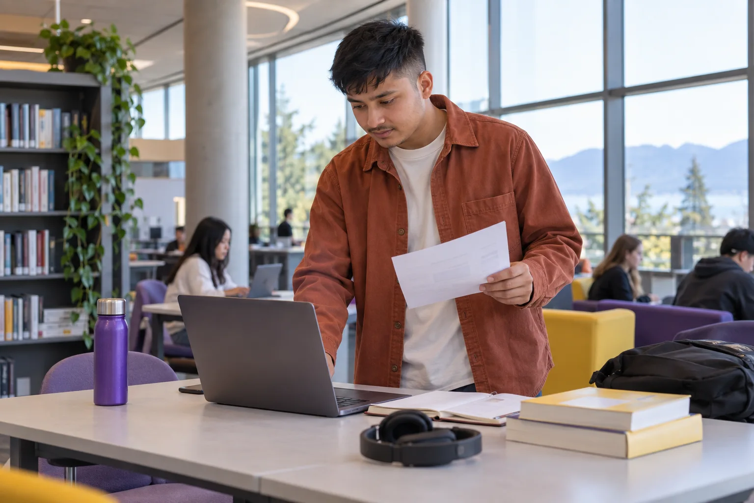 Young Nepali man with cropped hair comparing a personal study budget worksheet and university tuition information on a laptop for Canada study planning