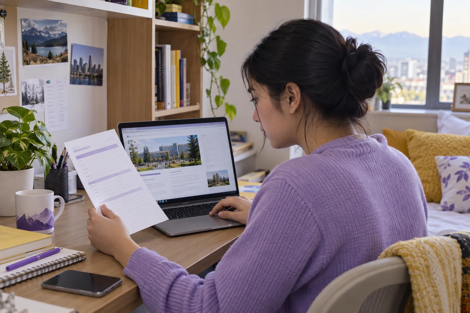 Young Nepali woman with tied-back hair comparing a personal study budget worksheet and university tuition information on a laptop for Canada study planning