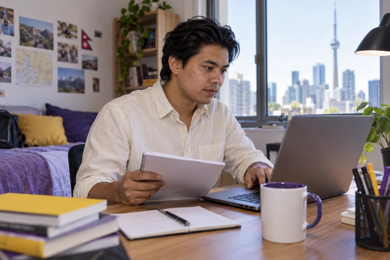Young Nepali man with swept-back hair comparing a personal study budget worksheet and university tuition information on a laptop for Canada study planning