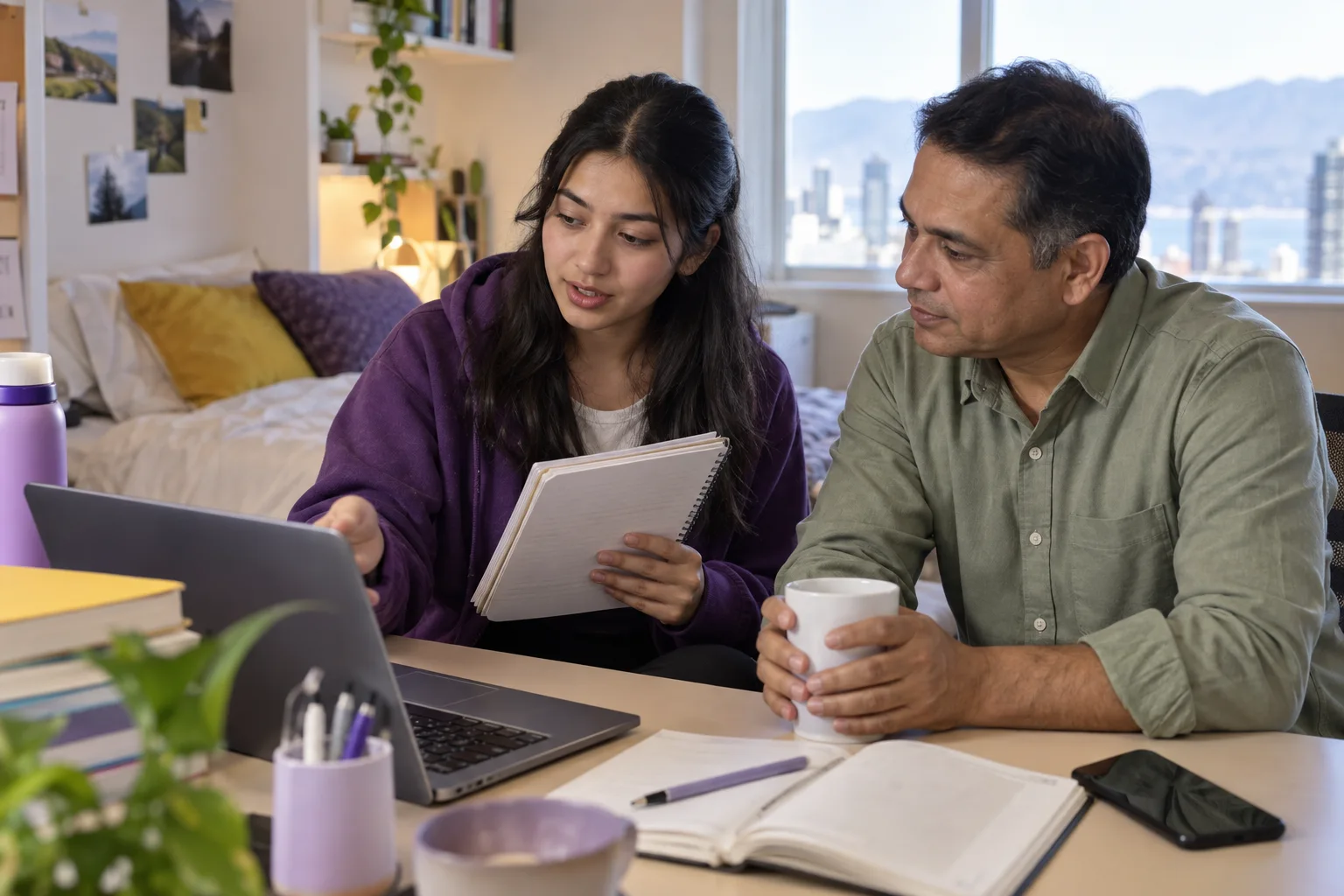 Nepali student discussing plans with a parent comparing a personal study budget worksheet and university tuition information on a laptop for Canada study planning