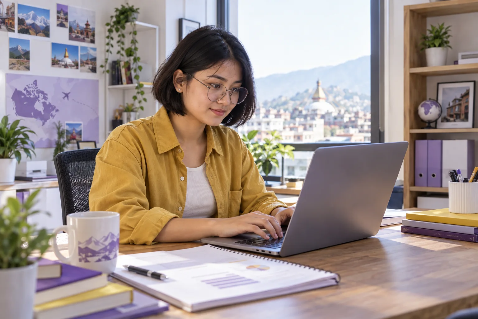 Young Nepali woman with a short bob comparing a personal study budget worksheet and university tuition information on a laptop for Canada study planning