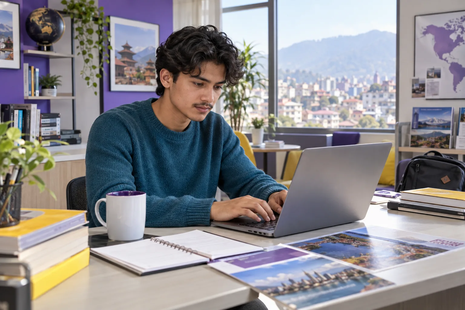 Young Nepali man with wavy hair comparing a personal study budget worksheet and university tuition information on a laptop for Canada study planning