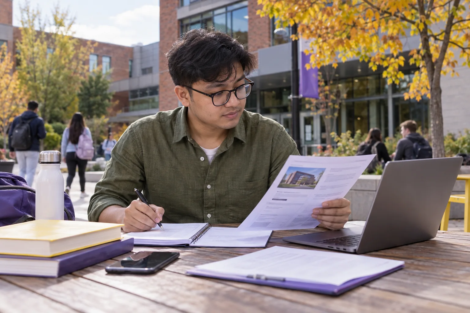 Young Nepali man with glasses comparing a personal study budget worksheet and university tuition information on a laptop for Canada study planning
